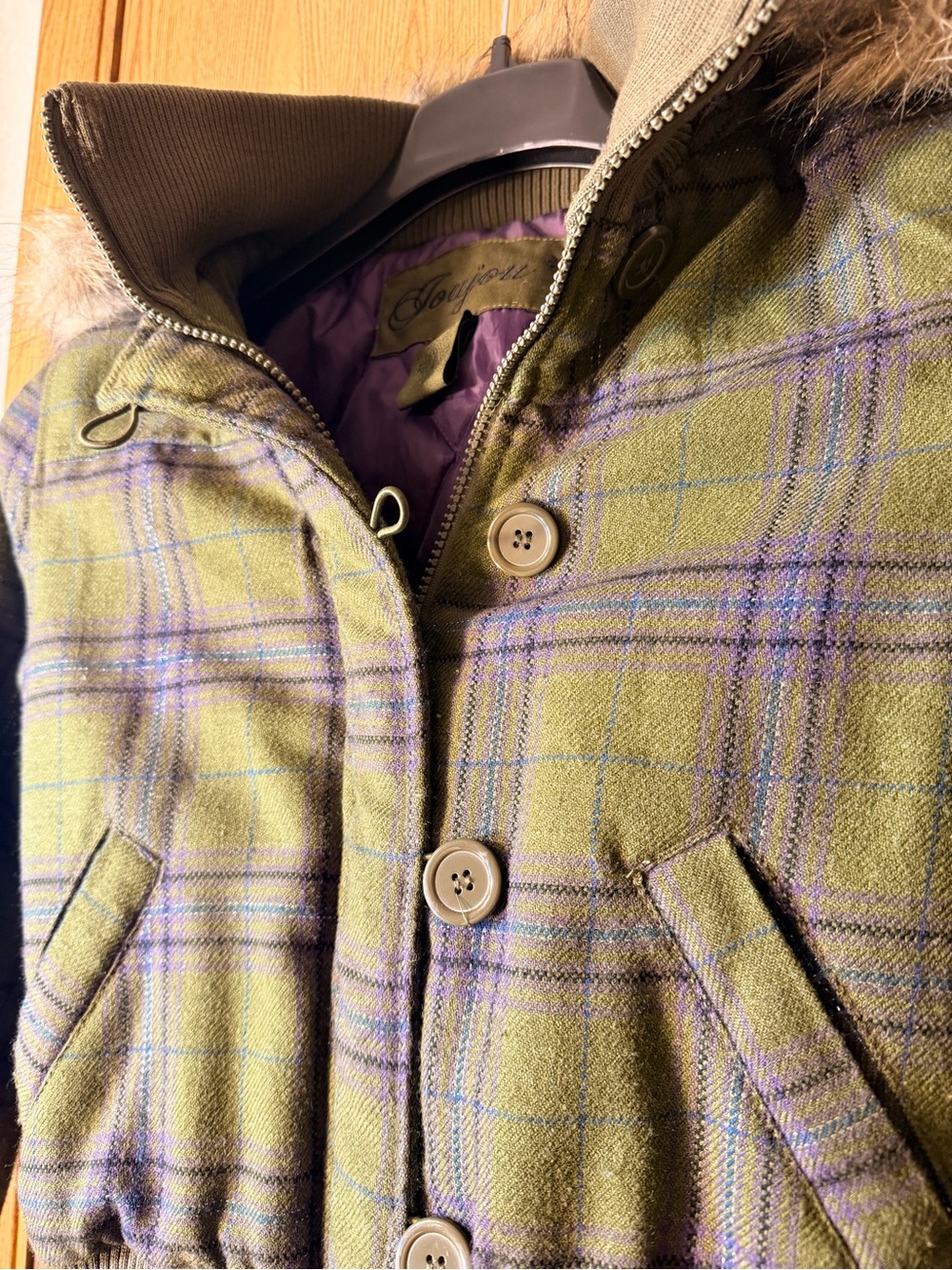 Y2K Jou Jou Wool Blend Plaid Bomber w/ Removable Faux Fur Hood - Picture 5 of 7